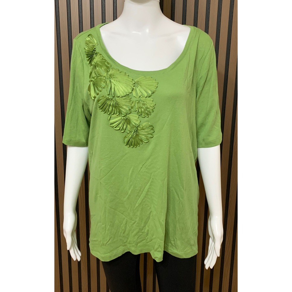 Talbots Woman's Green Short Sleeve Ribbon Applique Scoop Neck Top 2X Classic